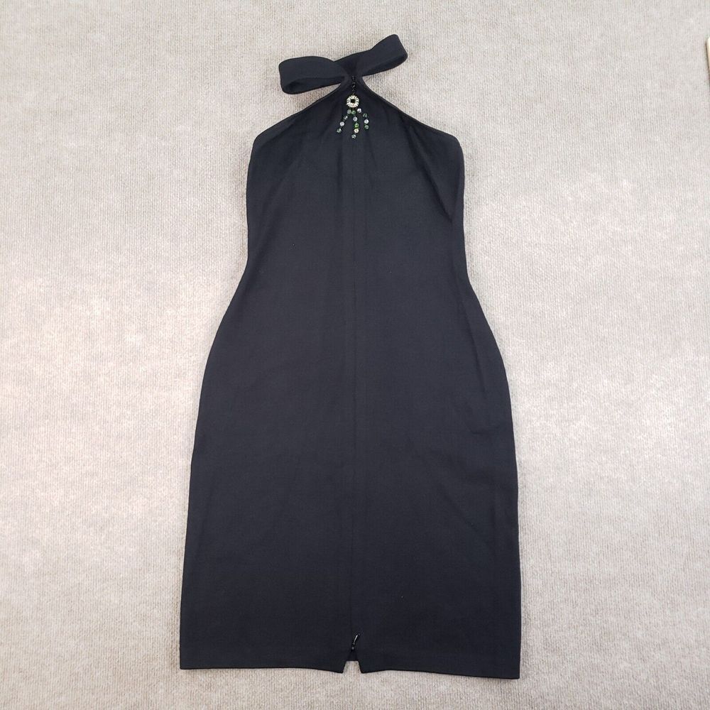 St John Evening Marie Gray Dress Womens Size‎ 2 Black Halter Jewel Beaded Neck